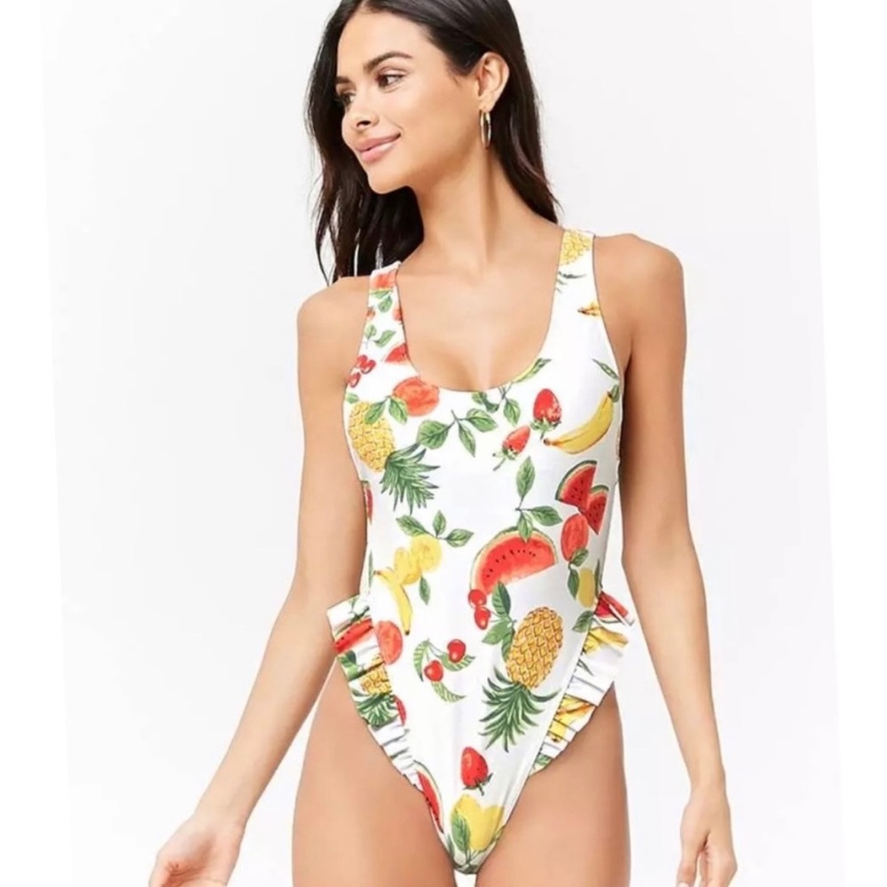 Forever 21 Fruit print ruffle one piece Swimsuit
